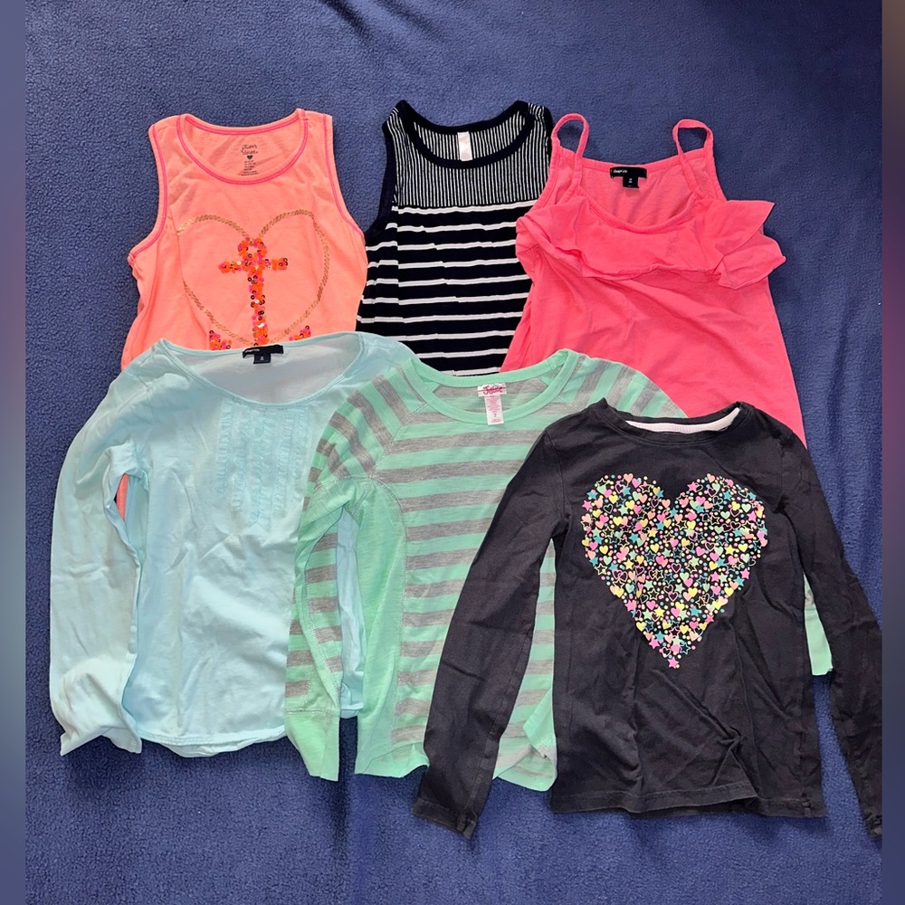 Girls lot of 6 tops, 3 tank tops, 3 long sleeve, size small (7-8), xlnt cond